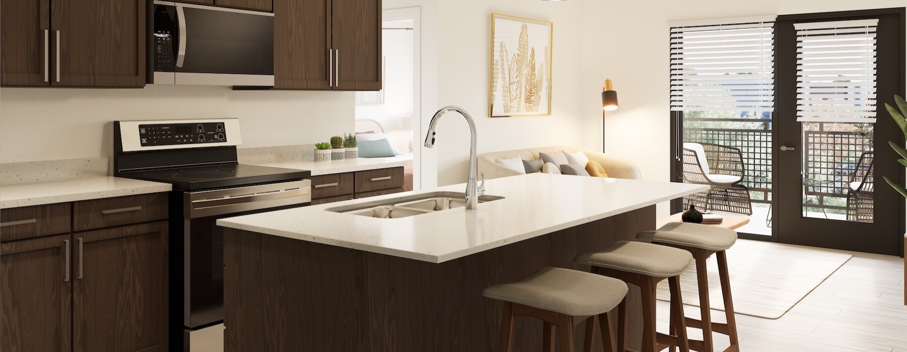 a kitchen with a bar stool and a table
