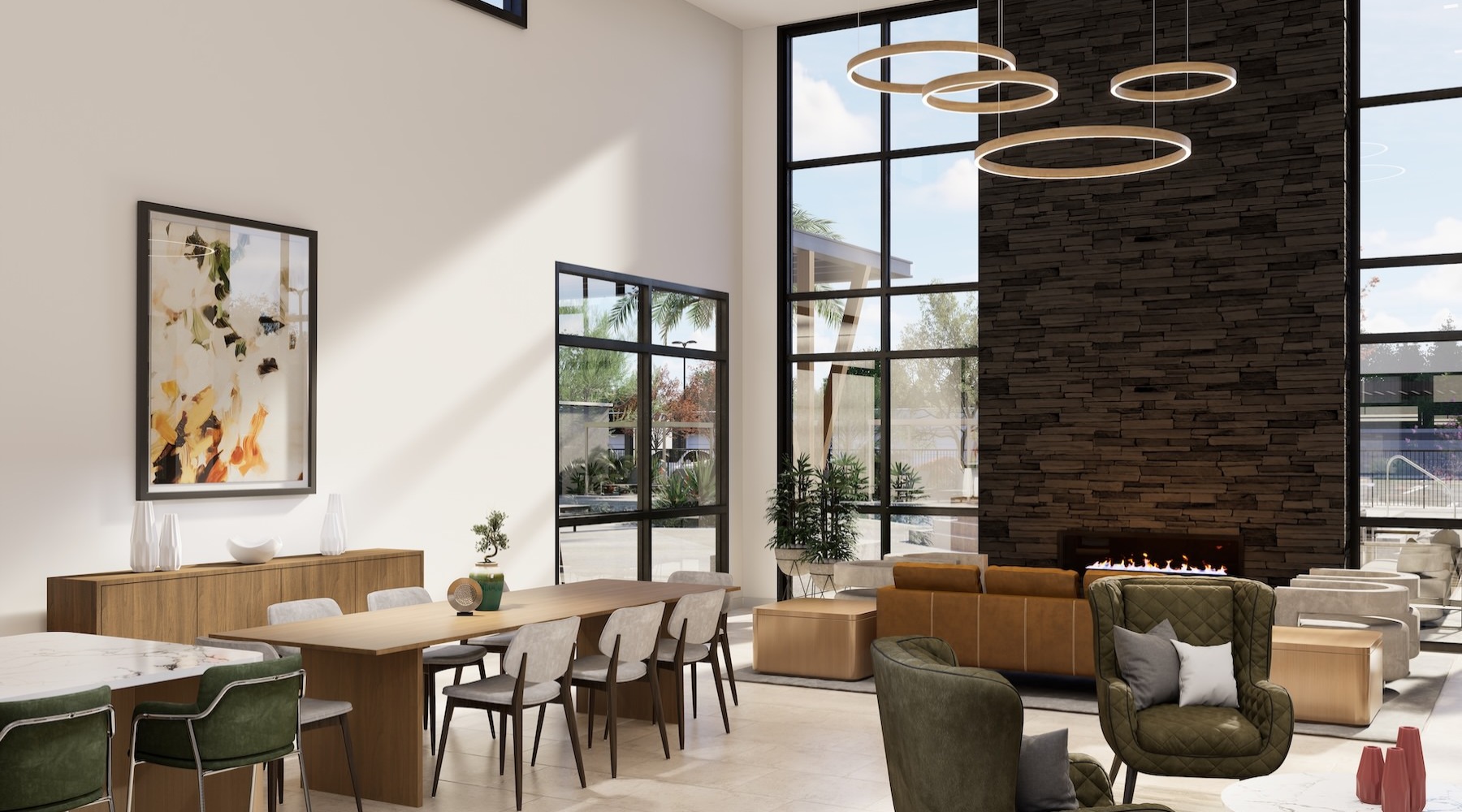 a lounge with tables and chairs