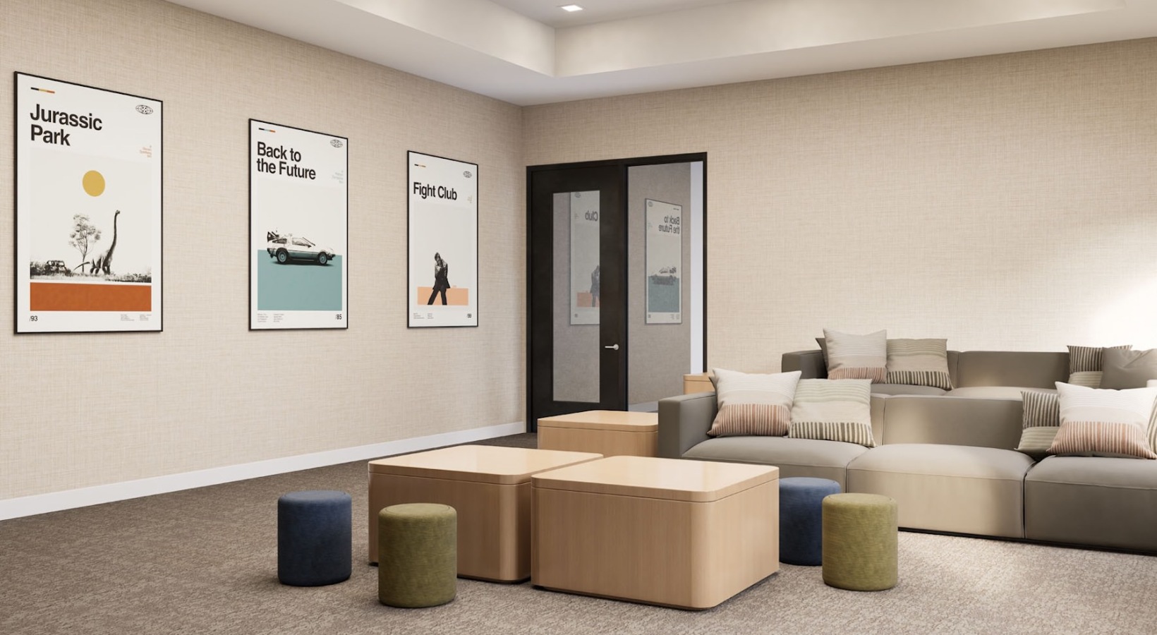 a media room with couches