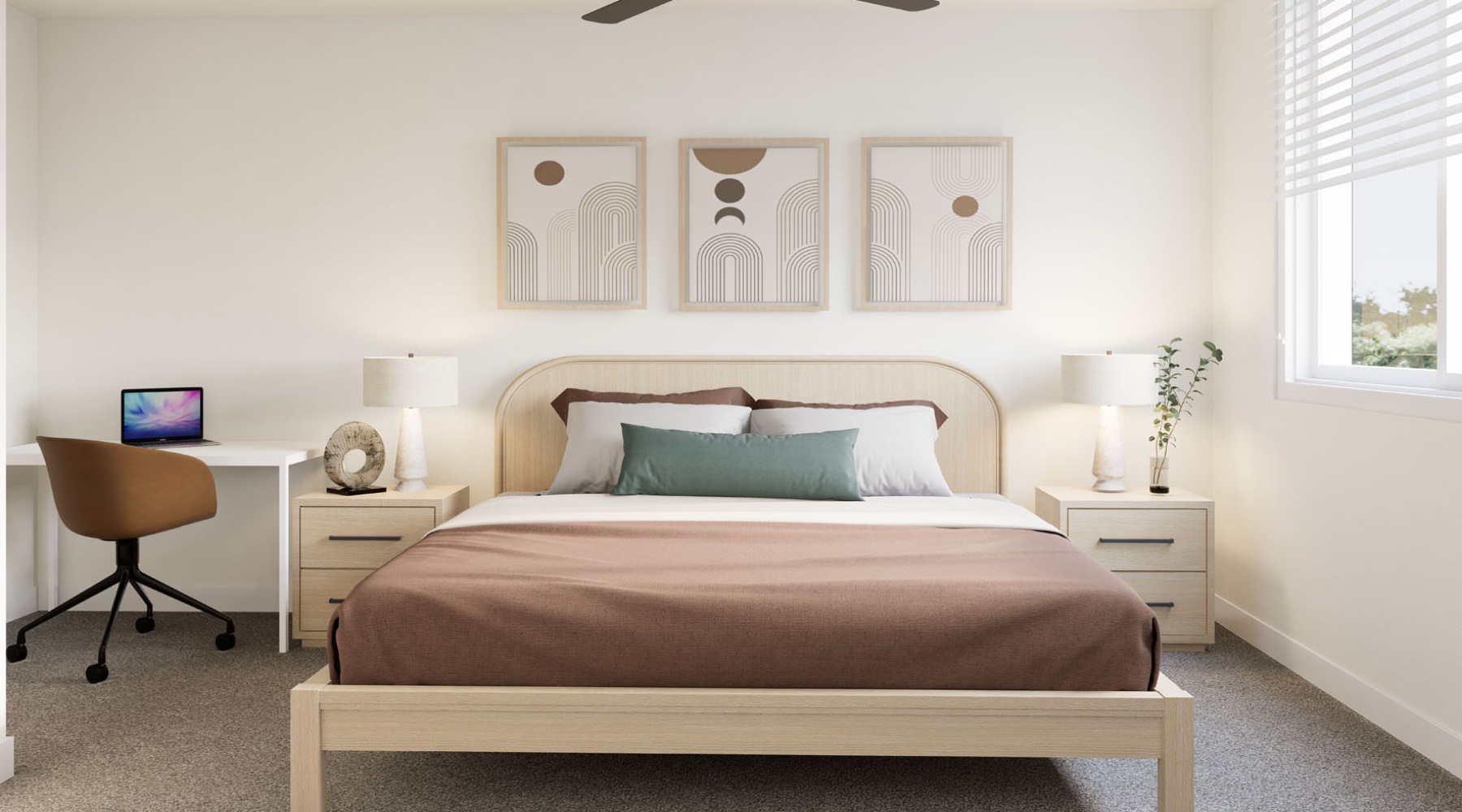 a bedroom with a bed and a desk with a chair