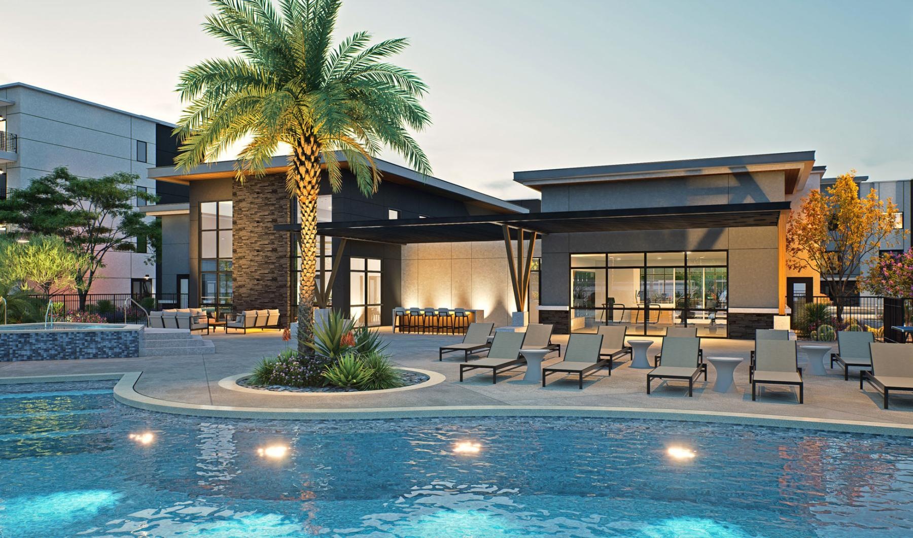 a swimming pool with chairs and a palm tree