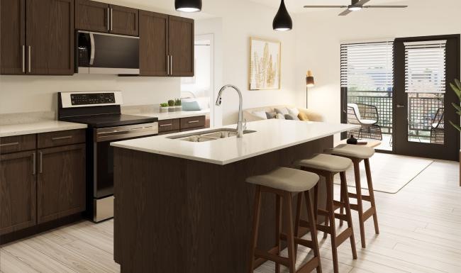 a kitchen with a bar stools